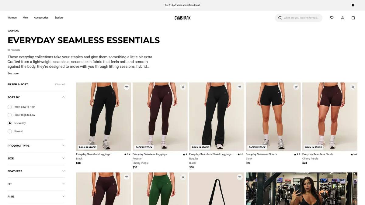 Desktop screenshot from Gymshark website.